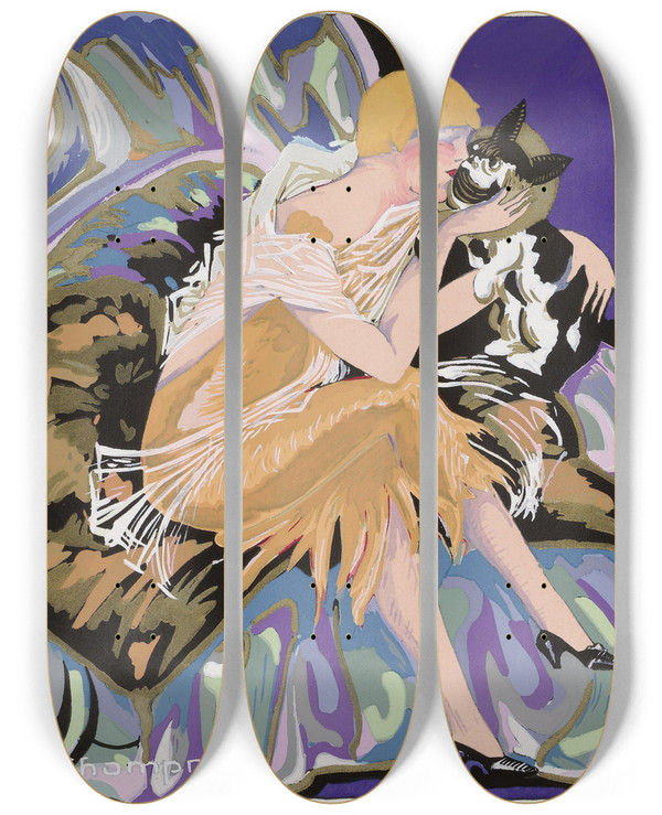 Triptych art skateboard deck of S Chompr Zittende Vrouw Met Een Kat by S Chompre (20-)