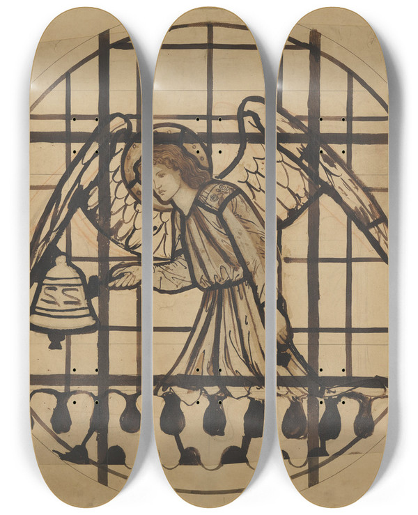 Triptych art skateboard deck of Sir Edward Coley Burnejones Angel Playing On Bells_5 by Sir Edward Coley Burne-Jones (1833-1898)