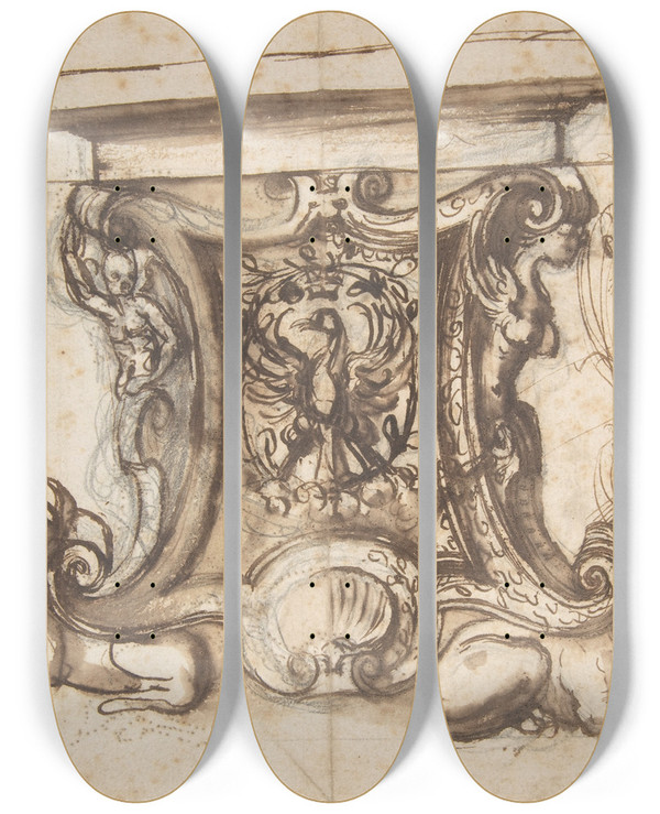 Triptych art skateboard deck of Giovanni Battista Naldini Design For The End Pier Of A Table by Giovanni Battista Naldini (1535-1591)