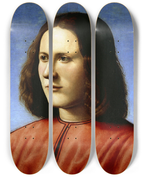 Triptych art skateboard deck of Piero Di Cosimo A Young Man by Piero di Cosimo (1462-1521)