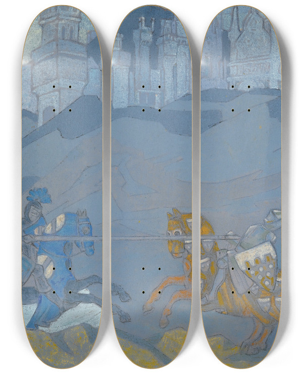 Triptych art skateboard deck of Nicholas Roerich The Duel by Nicholas Roerich (1874-1947)