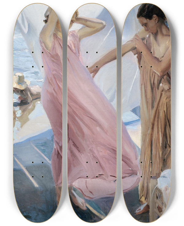 Triptych art skateboard deck of Joaqun Sorolla After Bathing Valencia by Joaquin Sorolla (1863-1923)