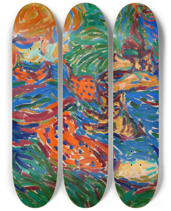 Triptych art skateboard deck of Ernst Ludwig Kirchner Zwei Mit Katzen Spielende Mdchen by Ernst Ludwig Kirchner (1880-1938)