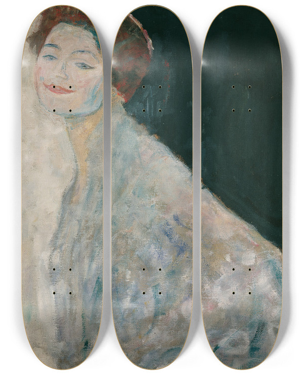 Triptych art skateboard deck of Gustav Klimt Dame In Wei by Gustav Klimt (1862-1918)