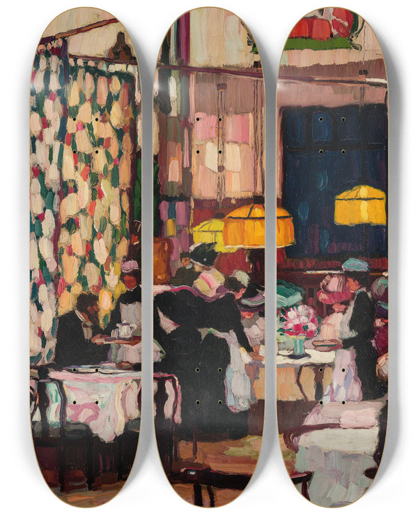 Triptych art skateboard deck of Josse Goossens In Der Teestube by Josse Goossens (1876-1929)
