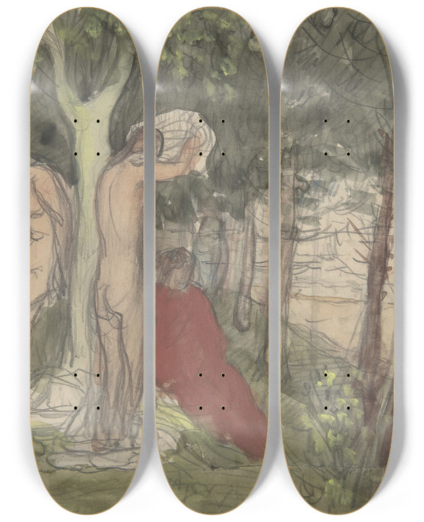 Triptych art skateboard deck of Pierre Puvis De Chavannes Bathers by Pierre Puvis De Chavannes (1824-1898)