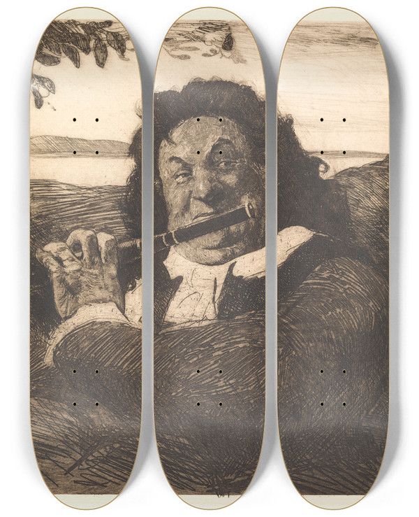 Triptych art skateboard deck of Hans Nikolaj Hansen Fredensborg Idyl Oluf Poulsen Spiller P Fljte For Sin Datter by Hans Nikolaj Hansen (1853-1923)
