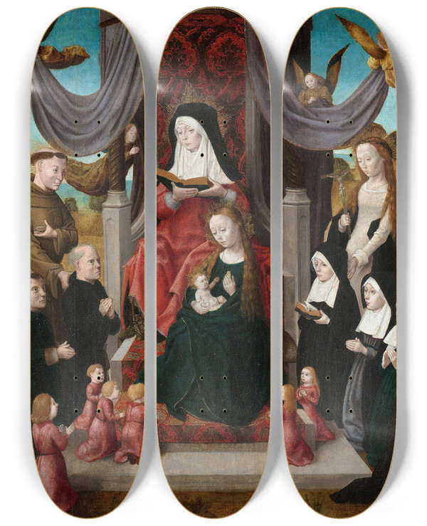 Triptych art skateboard deck of Master Of The Saint John Panels Virgin And Child With Saint Anne And Saints Francis And Lidwina With Donors Anna Selbdritt_1 by Master Of The Saint John Panels (1470-1500)