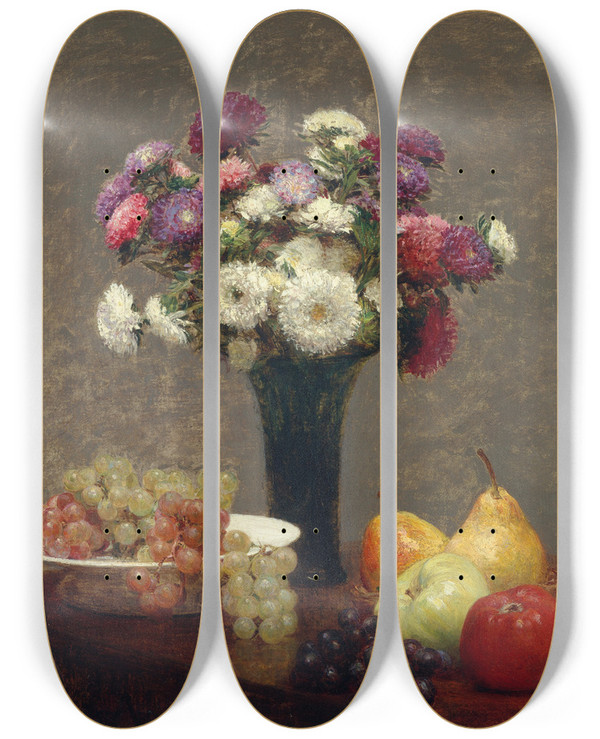 Triptych art skateboard deck of Henri Fantinlatour Asters And Fruit On A Table by Henri Fantin-Latour (1836-1904)