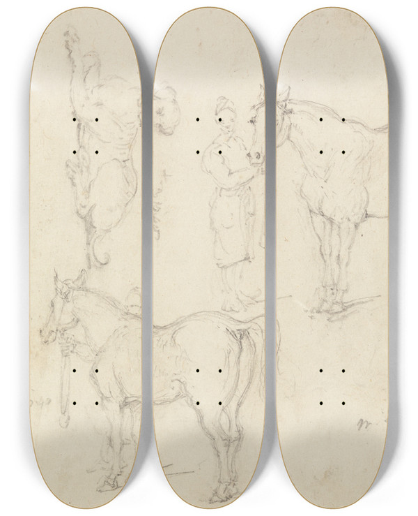Triptych art skateboard deck of George Chinnery Studies Of Horses With Chinese Grooms And A Dog by George Chinnery (1774-1852)