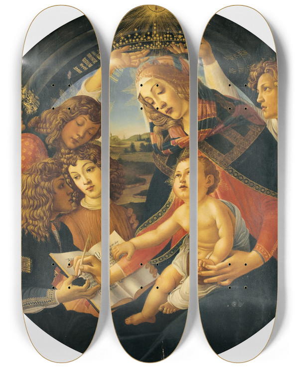 Triptych art skateboard deck of Follower Of Botticelli Madonna Of The Magnificat by Follower Of Botticelli (1445-1510)