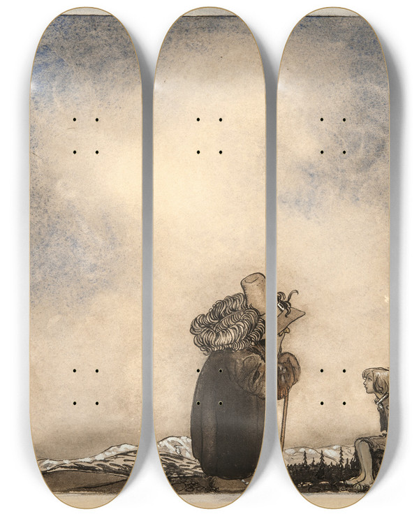 Triptych art skateboard deck of John Bauer Old Man Talking To A Boy by John Bauer (1882-1918)