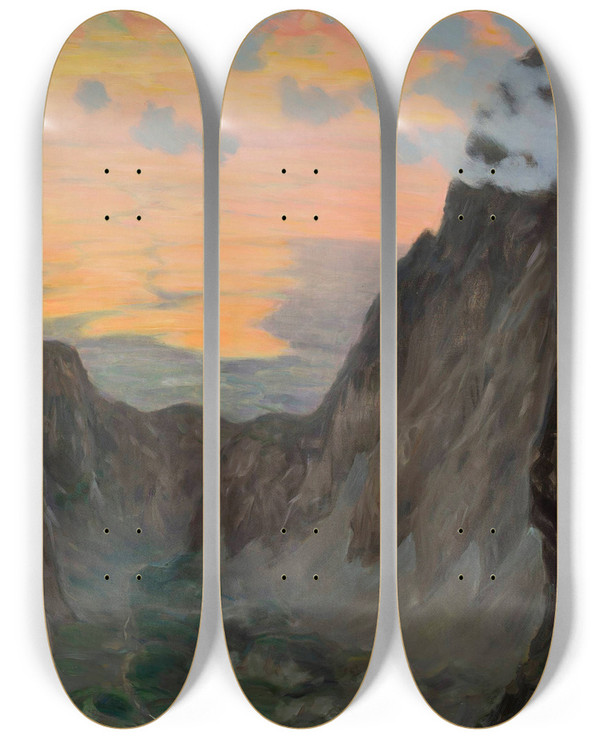 Triptych art skateboard deck of Kazimierz Stabrowski Misty Mountains by Kazimierz Stabrowski (1869-1929)