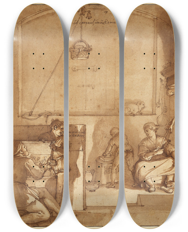 Triptych art skateboard deck of Federico Zuccaro Taddeo In The House Of Giovanni Piero Calabrese by Federico Zuccaro (1542-1609)