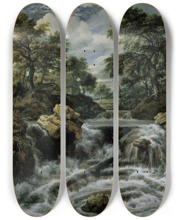 Triptych art skateboard deck of Jacob Van Ruisdael Waterfall In The Foothills Norwegian Waterfall by Jacob Van Ruisdael (1628-1682)