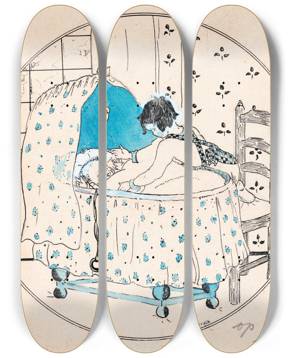 Triptych art skateboard deck of A Tinbergen Meisje Wil Baby Uit Wieg Tillen by A Tinbergen (20-)