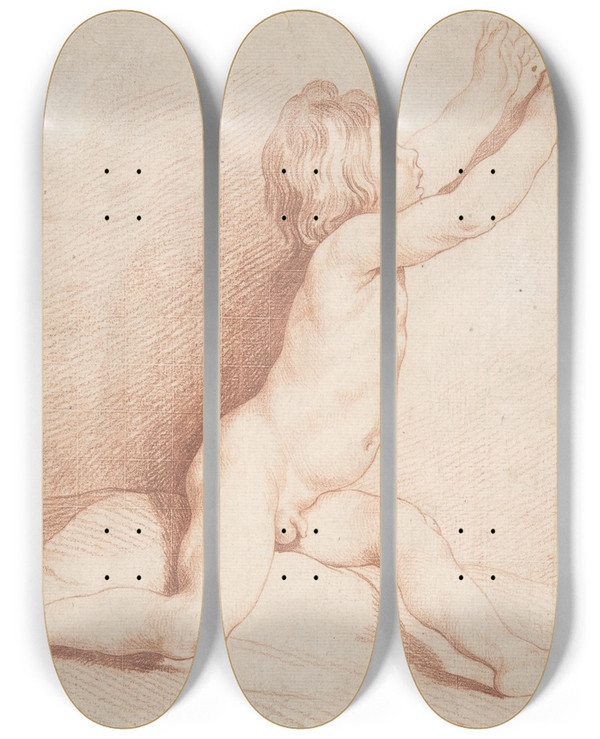 Triptych art skateboard deck of After Edme Bouchardon Seated Nude Boy by After Edme Bouchardon (1698-1762)