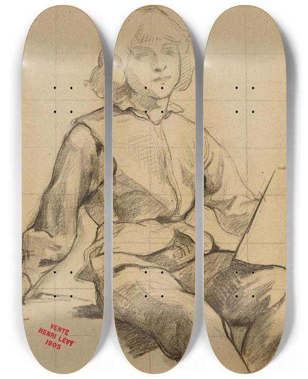 Triptych art skateboard deck of Henri Leopold Lvy Etude De Jeune Homme Assis Tenant Une Tablette by Henri Leopold Levy (1840-1904)