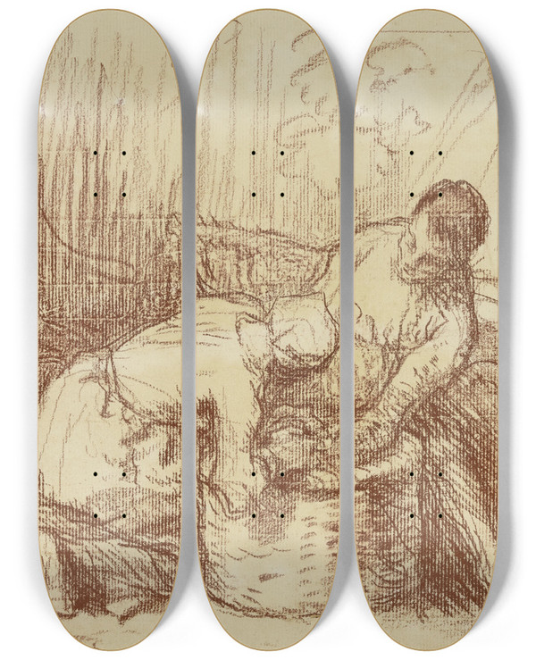 Triptych art skateboard deck of William Strang Zwei Arbeitsfrauen An Einem Korb by William Strang (1859-1921)