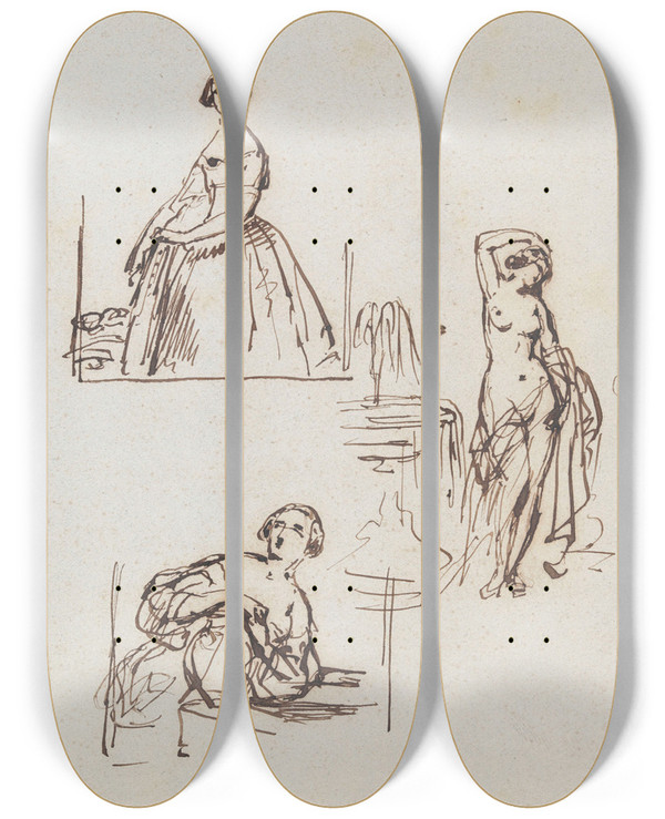 Triptych art skateboard deck of Nicaise De Keyser Three Figures by Nicaise De Keyser (1813-1887)