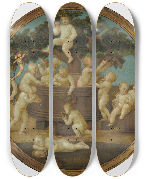 Triptych art skateboard deck of Follower Of Raphael Putti With A Wine Press by Follower of Raphael (1483-1520)