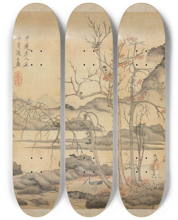Triptych art skateboard deck of Chen Hongshou Daoist And Crane In Autumn Landscape by Chen Hongshou (1598-1652)