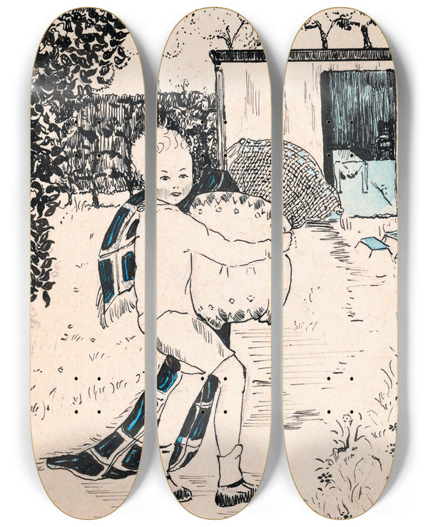 Triptych art skateboard deck of A Tinbergen Jongen Met Kussens En Deken In Een Tuin by A Tinbergen (20-)