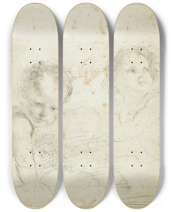 Triptych art skateboard deck of Guercino Two Putti by Guercino (1591-1666)