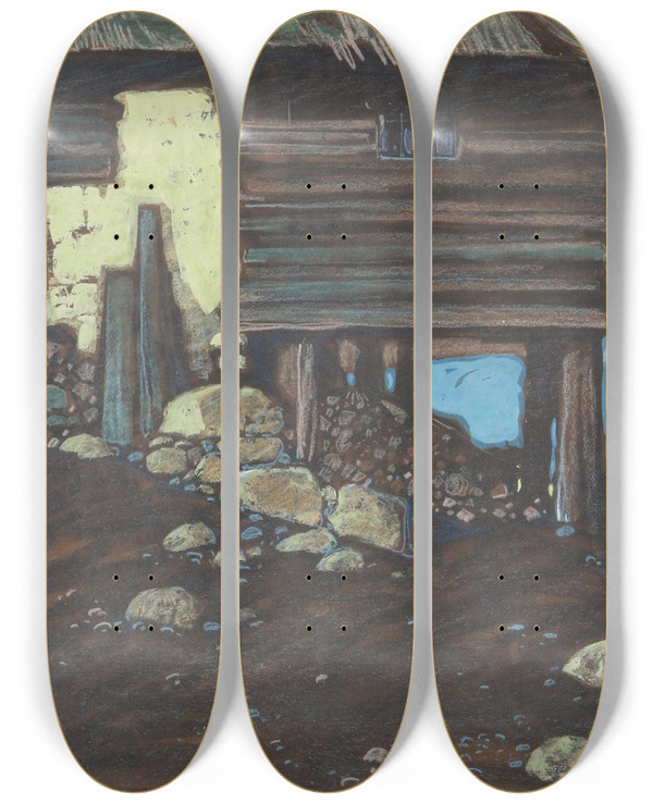 Triptych art skateboard deck of Oskar Mulley Bergbauernhof Pastell by Oskar Mulley (1891-1949)