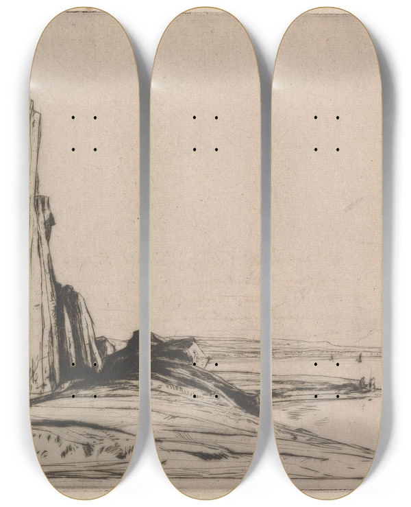 Triptych art skateboard deck of David Young Cameron Appin Rocks by David Young Cameron (1865-1945)