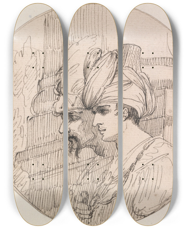 Triptych art skateboard deck of John Hamilton Mortimer Two Heads In A Roundel by John Hamilton Mortimer (1740-1779)