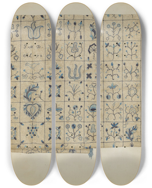 Triptych art skateboard deck of Mae A Clarke Coverlet_2 by Mae A Clarke