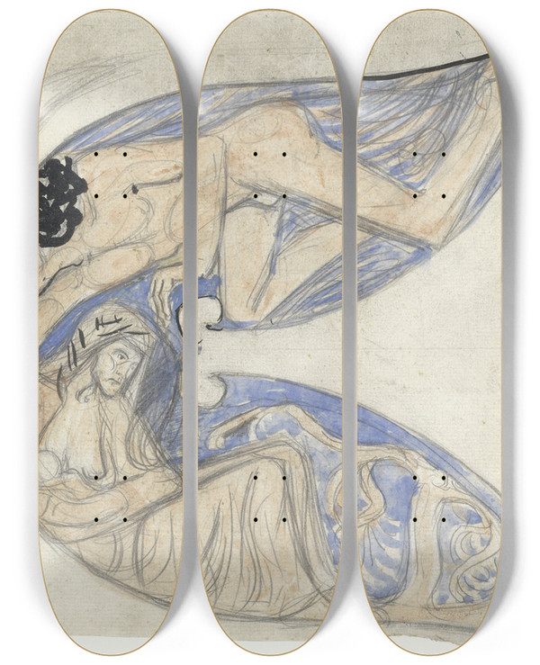 Triptych art skateboard deck of Richard Nicolas Roland Holst Man Vrouw En Kind Ellende by Richard Nicolaus Roland Holst (1868-1938)