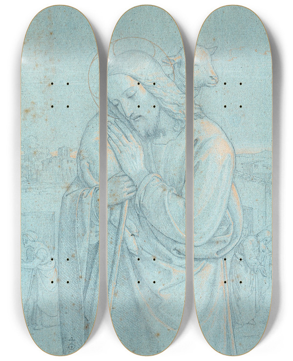 Triptych art skateboard deck of Joseph Von Fhrich The Good Shepherd by Joseph Von Fuhrich (1800-1876)