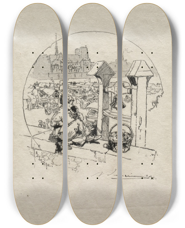 Triptych art skateboard deck of Auguste Louis Lepre March Aux Pommes No 2 by Auguste Louis Lepere (1849-1918)