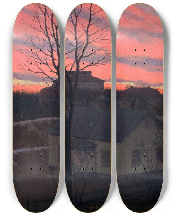 Triptych art skateboard deck of Hjalmar Linde Evening by Hjalmar Linde (1864-1948)