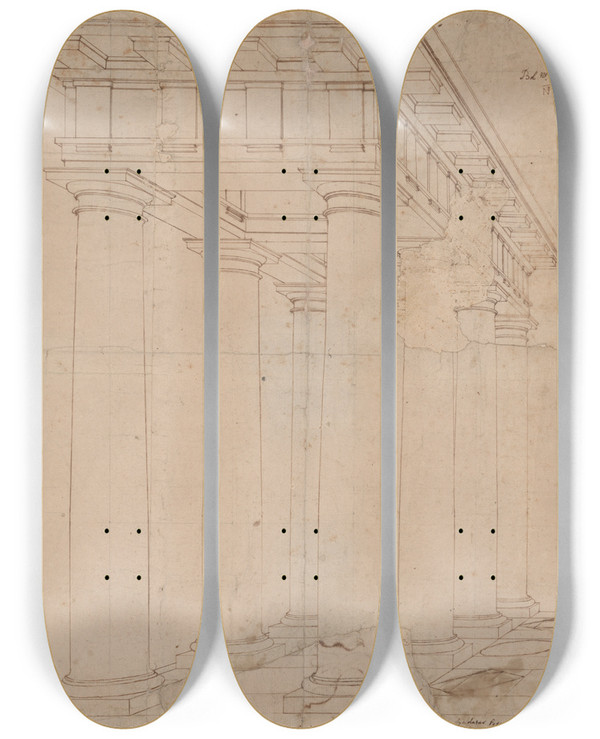 Triptych art skateboard deck of Baldassare Peruzzi Study For A Colonnade In Perspective by Baldassare Peruzzi (1481-1536)