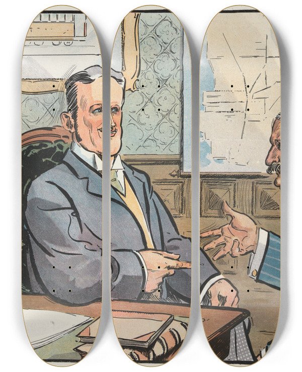 Triptych art skateboard deck of Frank Arthur Nankivell Hard Lines by Frank Arthur Nankivell (1869-1959)
