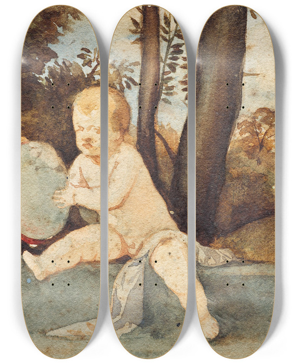 Triptych art skateboard deck of Franz Von Matsch Der Kleine Tambourinschlger by Franz Von Matsch (1861-1942)