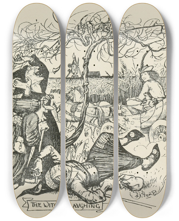 Triptych art skateboard deck of Henry Justice Ford The Witches Laughing by Henry Justice Ford (1860-1941)