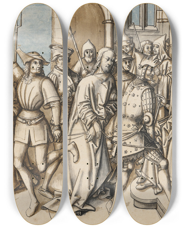Triptych art skateboard deck of Circle Of Hans Holbein The Elder Christ Before Pilate by Circle Of Hans Holbein The Elder (1465-1524)