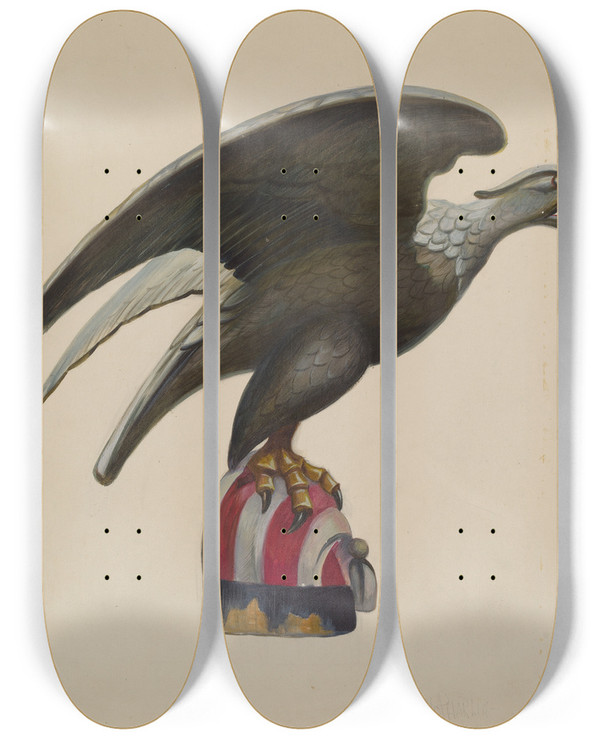 Triptych art skateboard deck of Vincent Mcpharlin Pilot House Figure Eagle by Vincent Mcpharlin