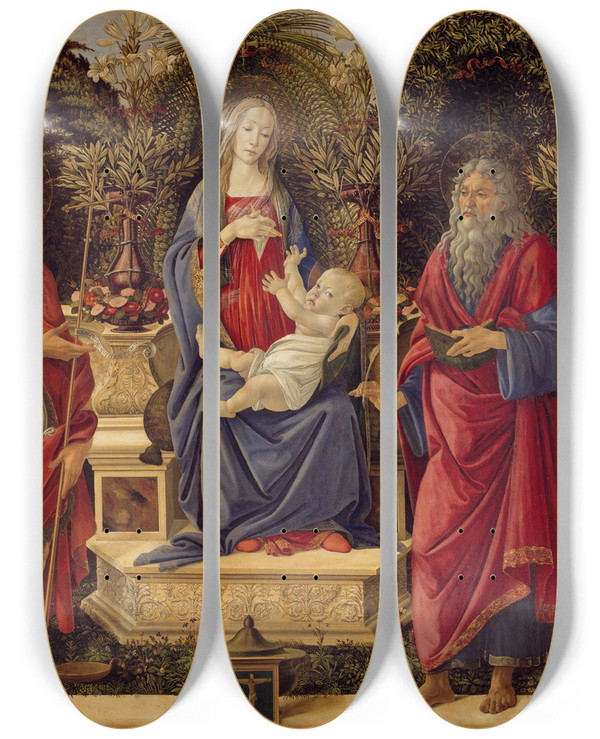 Triptych art skateboard deck of Sandro Botticelli Madonna And Child With Both Saints John by Sandro Botticelli (1444-1510)