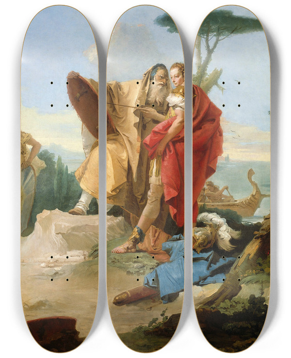 Triptych art skateboard deck of Giovanni Battista Tiepolo Rinaldo And The Magus Of Ascalon by Giovanni Battista Tiepolo (1696-1770)