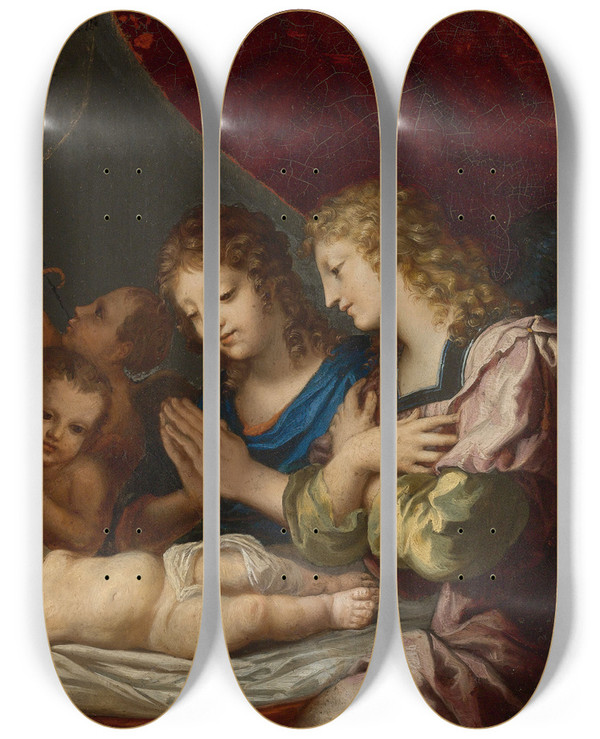 Triptych art skateboard deck of Jacques Stella Angels Adoring The Sleeping Christ by Jacques Stella (1596-1657)