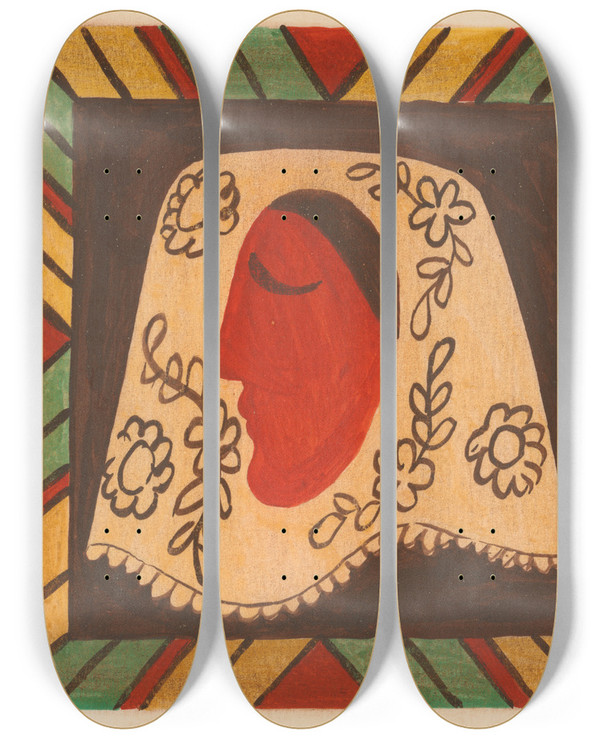 Triptych art skateboard deck of Mikul Galanda The Head Of A Girl In A Scarf by Mikulas Galanda (1895-1938)