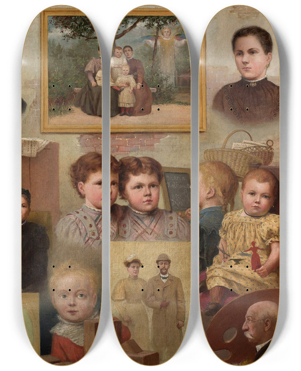 Triptych art skateboard deck of Adrian Gbocki Collective Portrait Of The Kalinowski Family With The Painters Selfportrait by Adrian Glebocki (1833-1905)