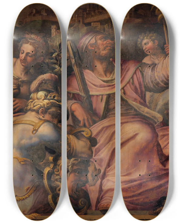 Triptych art skateboard deck of Giorgio Vasari Allegory Of Certaldo by Giorgio Vasari (1511-1574)