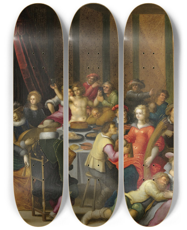 Triptych art skateboard deck of Louis De Caullery The Feast Of Bacchus by Louis de Caullery (1580-1621)