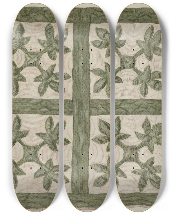 Triptych art skateboard deck of Mildred E Bent Applique Quilt_1 by Mildred E Bent